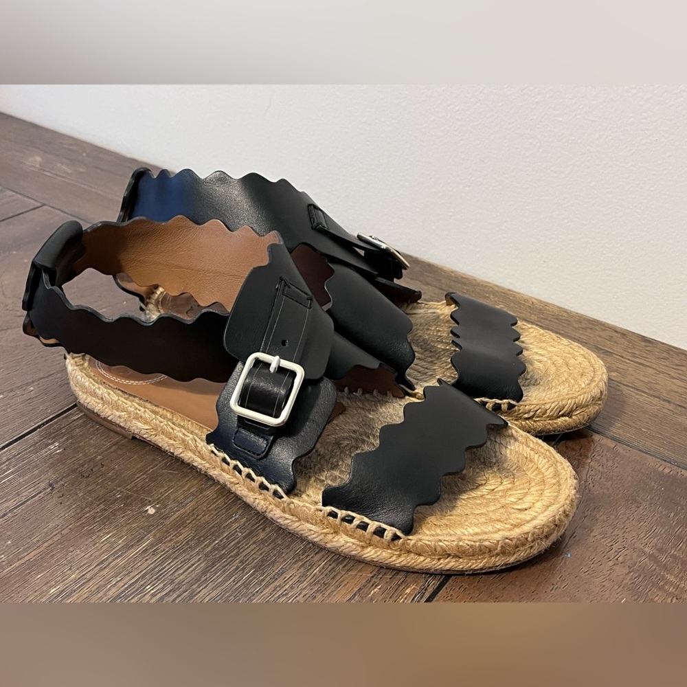 Chloe Lauren Scalloped Black Leather Espadrilles size 37 Women’s size 7
